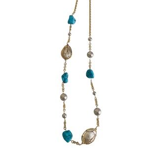 Vintage Alexis Bittar Gold Caged Faux Pearl Turquoise 34" Necklace New w/Tags